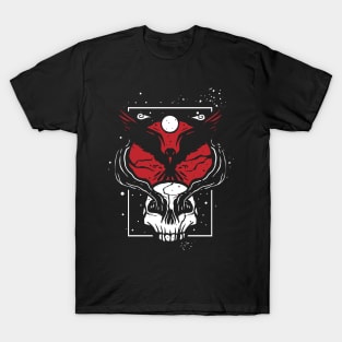 Vintage Red Moon Raven Bird With Skull T-Shirt